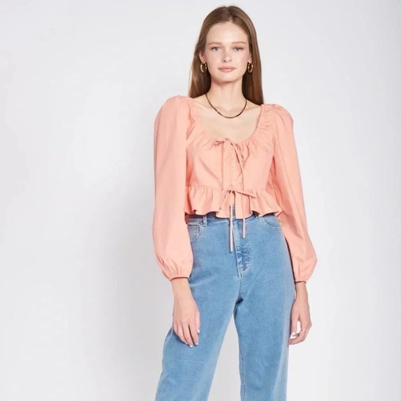 En Saison Cropped Peplum Ruffle Blouse | Coral | Small | Milkmaid, Cottagecore - Picture 2 of 11